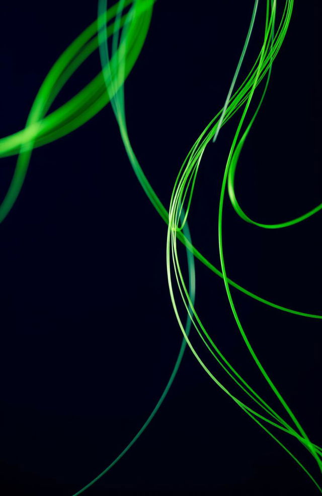 A visually striking abstract composition featuring a dark shade of blue as the main background color, with vibrant green strings artistically woven throughout the image