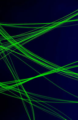 A visually striking abstract composition featuring a dark shade of blue as the main background color, with vibrant green strings artistically woven throughout the image