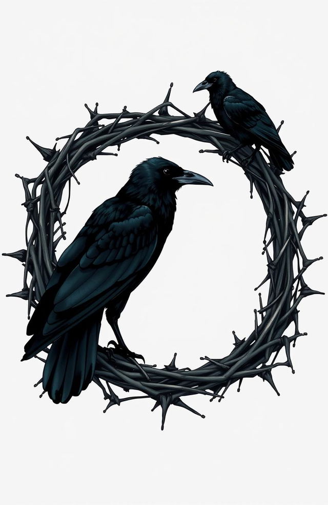 A detailed illustration of a thorny frame with crows elegantly perched on it