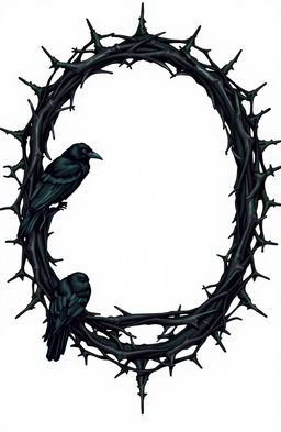 A detailed illustration of a thorny frame with crows elegantly perched on it