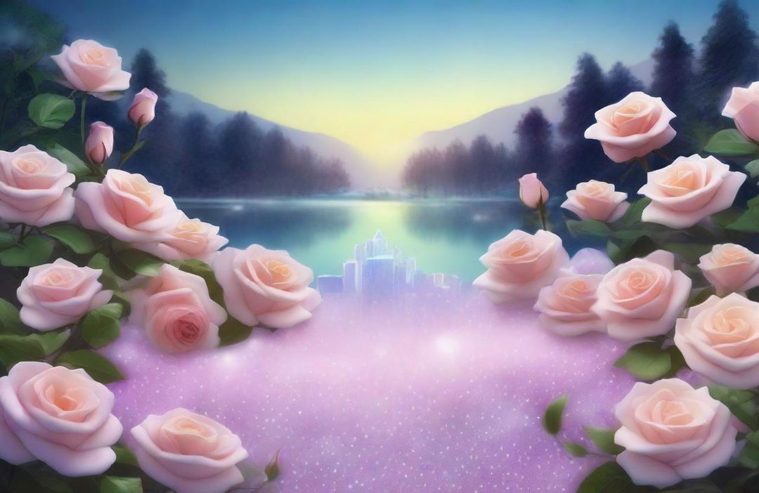 Generate a hyperrealistic scene showcasing a serene landscape filled with an assortment of luminous crystals intermingled with romantic roses