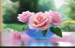 Generate a hyperrealistic scene showcasing a serene landscape filled with an assortment of luminous crystals intermingled with romantic roses