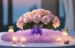 Generate a hyperrealistic scene showcasing a serene landscape filled with an assortment of luminous crystals intermingled with romantic roses