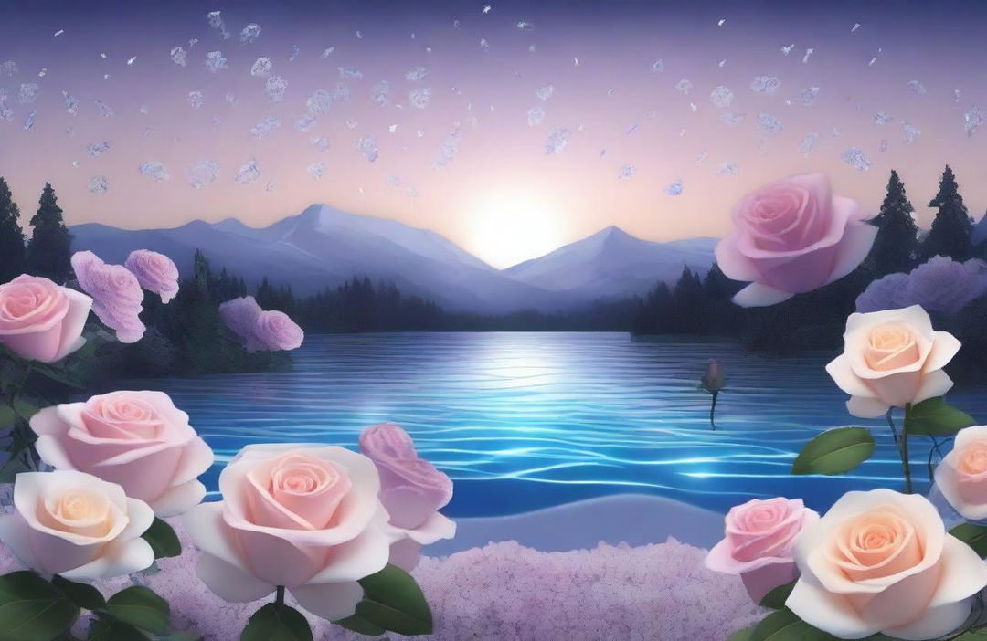 Generate a hyperrealistic scene showcasing a serene landscape filled with an assortment of luminous crystals intermingled with romantic roses