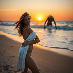 A sexy 35-year-old woman in a beach scene, wearing a towel and standing on the sandy shore during the morning