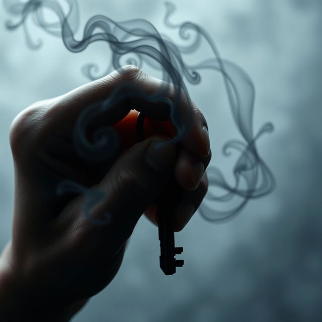 A hand gripping a sleek, pure black key, with streams of dark mist swirling outwards from the key, creating an ethereal and mysterious atmosphere