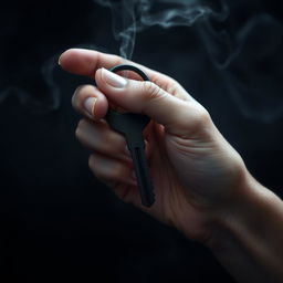 A hand gripping a sleek, pure black key, with streams of dark mist swirling outwards from the key, creating an ethereal and mysterious atmosphere