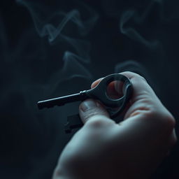 A hand gripping a sleek, pure black key, with streams of dark mist swirling outwards from the key, creating an ethereal and mysterious atmosphere