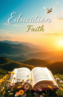 An educational book cover design for faith-based learning, featuring a beautiful landscape of rolling hills and a serene sunrise