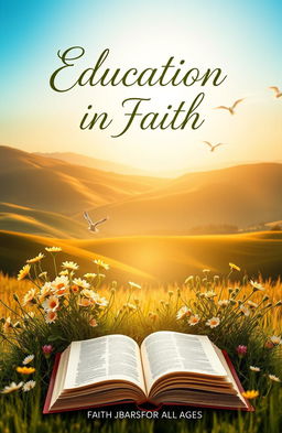 An educational book cover design for faith-based learning, featuring a beautiful landscape of rolling hills and a serene sunrise
