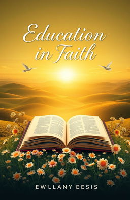 An educational book cover design for faith-based learning, featuring a beautiful landscape of rolling hills and a serene sunrise