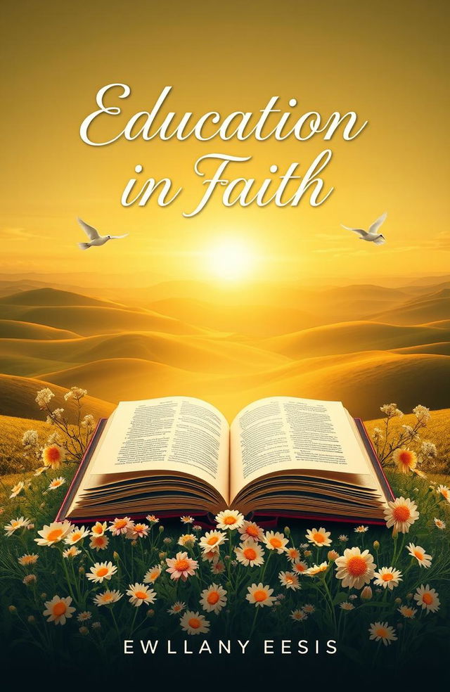 An educational book cover design for faith-based learning, featuring a beautiful landscape of rolling hills and a serene sunrise