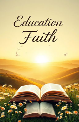 An educational book cover design for faith-based learning, featuring a beautiful landscape of rolling hills and a serene sunrise