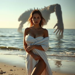 A sexy 35-year-old woman at a beach during the morning, wrapped in a towel