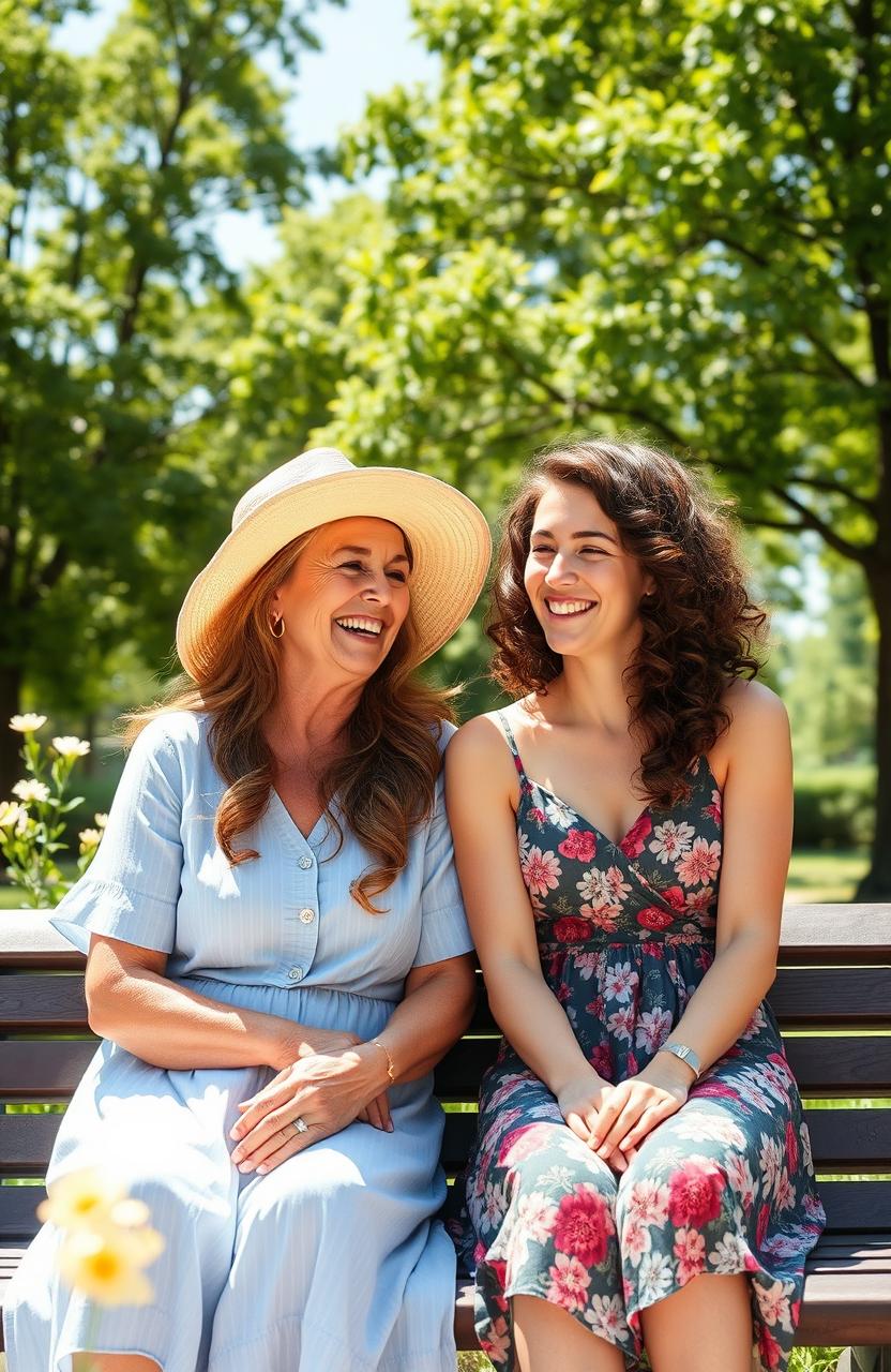 A warm and loving scene depicting a mother and her adult daughter sitting together on a sunny park bench, both engaging in a joyful conversation