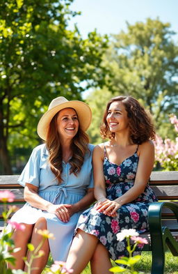 A warm and loving scene depicting a mother and her adult daughter sitting together on a sunny park bench, both engaging in a joyful conversation