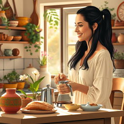 A vibrant and warm morning scene depicting Ana Margarita in her cozy kitchen, making coffee