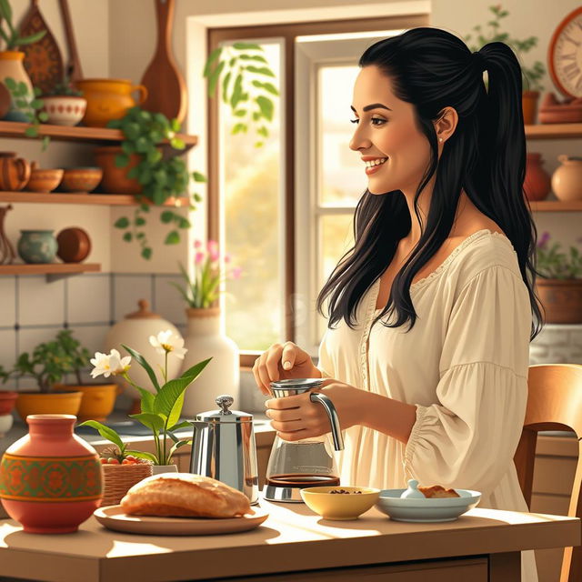 A vibrant and warm morning scene depicting Ana Margarita in her cozy kitchen, making coffee