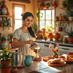 A vibrant and warm morning scene depicting Ana Margarita in her cozy kitchen, making coffee