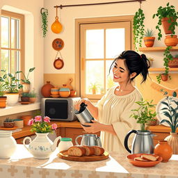 A vibrant and warm morning scene depicting Ana Margarita in her cozy kitchen, making coffee