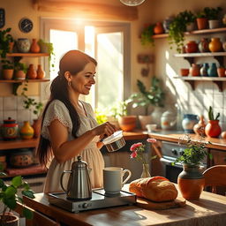 A vibrant and warm morning scene depicting Ana Margarita in her cozy kitchen, making coffee