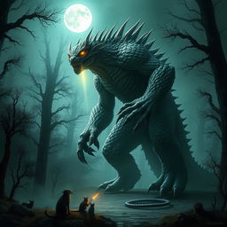 A fantastical and mythical monster, towering and imposing, covered in scales and fur