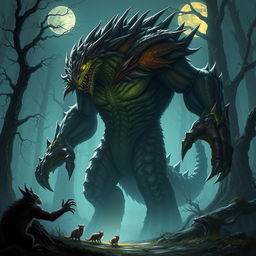 A fantastical and mythical monster, towering and imposing, covered in scales and fur