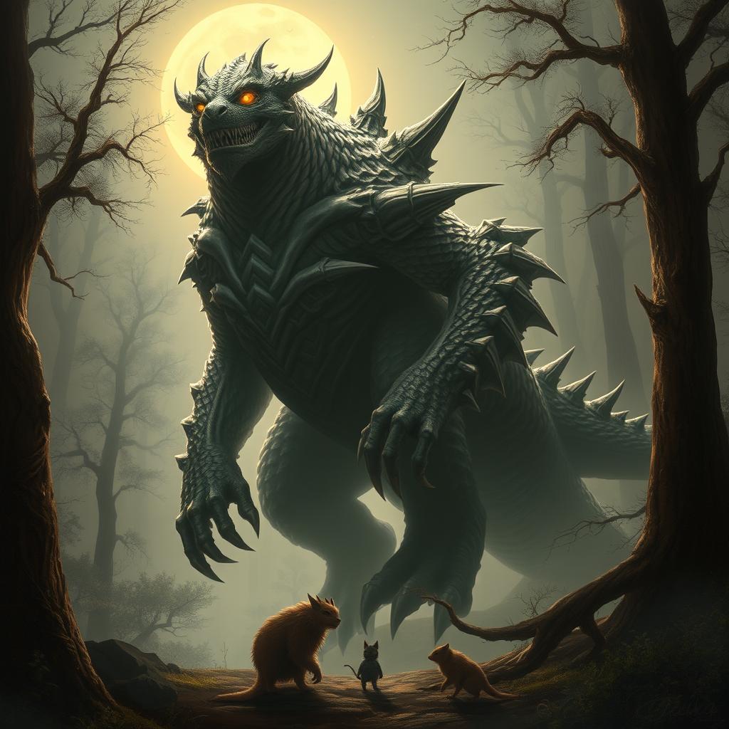 A fantastical and mythical monster, towering and imposing, covered in scales and fur