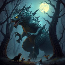 A fantastical and mythical monster, towering and imposing, covered in scales and fur