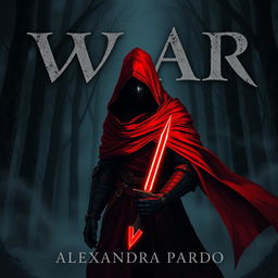 A dark and mysterious fantasy illustration featuring a hooded figure in red armor standing in a shadowy forest