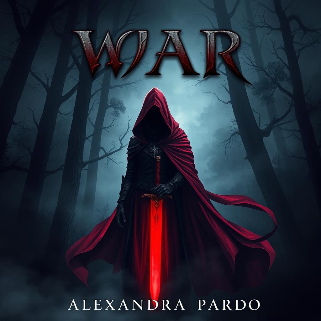 A dark and mysterious fantasy illustration featuring a hooded figure in red armor standing in a shadowy forest