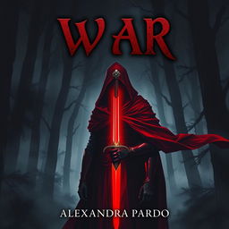 A dark and mysterious fantasy illustration featuring a hooded figure in red armor standing in a shadowy forest