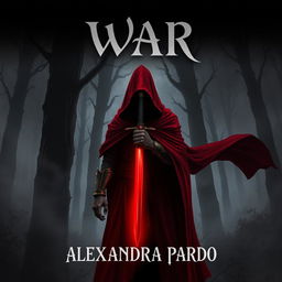 A dark and mysterious fantasy illustration featuring a hooded figure in red armor standing in a shadowy forest