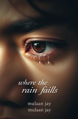 An aesthetic and solid design featuring a close-up of a teary male eye, capturing deep emotion and vulnerability