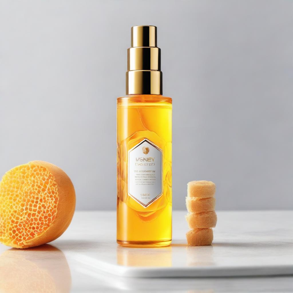 An elegant bottle of honey face wash, shimmering golden liquid inside a clear container, placed on a pristine white countertop with honeycomb patterns in the background