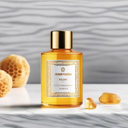 An elegant bottle of honey face wash, shimmering golden liquid inside a clear container, placed on a pristine white countertop with honeycomb patterns in the background