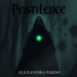 A dark and mysterious fantasy illustration featuring a hooded figure standing in a shadowy forest