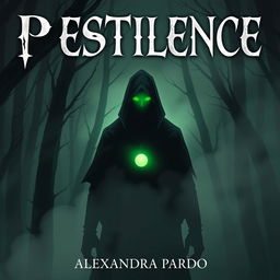 A dark and mysterious fantasy illustration featuring a hooded figure standing in a shadowy forest