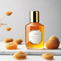 An elegant bottle of honey face wash, shimmering golden liquid inside a clear container, placed on a pristine white countertop with honeycomb patterns in the background