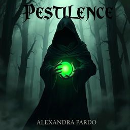 A dark and mysterious fantasy illustration featuring a hooded figure standing in a shadowy forest, holding a glowing green orb