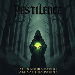 A dark and mysterious fantasy illustration featuring a hooded figure standing in a shadowy forest, holding a glowing green orb