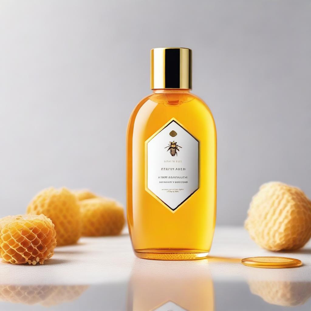 An elegant bottle of honey face wash, shimmering golden liquid inside a clear container, placed on a pristine white countertop with honeycomb patterns in the background