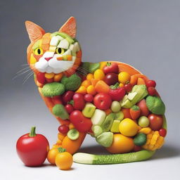 A cat constructed entirely of pieces of vegetables and fruits.