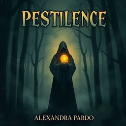 A dark and mysterious fantasy illustration featuring a hooded figure standing in a shadowy forest, holding a glowing golden orb