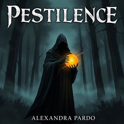 A dark and mysterious fantasy illustration featuring a hooded figure standing in a shadowy forest, holding a glowing golden orb