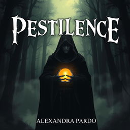 A dark and mysterious fantasy illustration featuring a hooded figure standing in a shadowy forest, holding a glowing golden orb