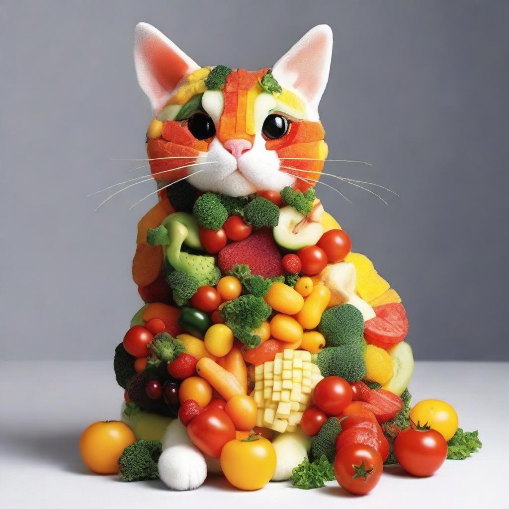 A cat constructed entirely of pieces of vegetables and fruits.