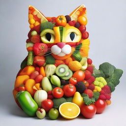 A cat constructed entirely of pieces of vegetables and fruits.