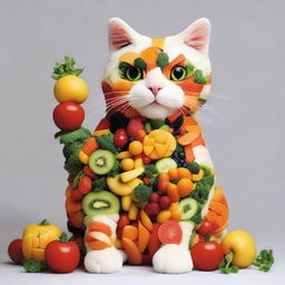 A cat constructed entirely of pieces of vegetables and fruits.