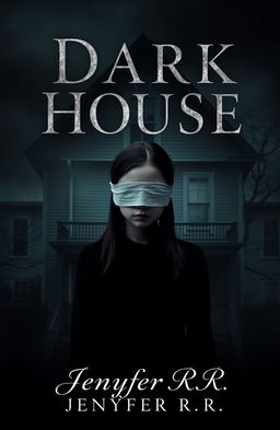 A mysterious girl with blindfolded eyes standing in front of a dark, eerie house